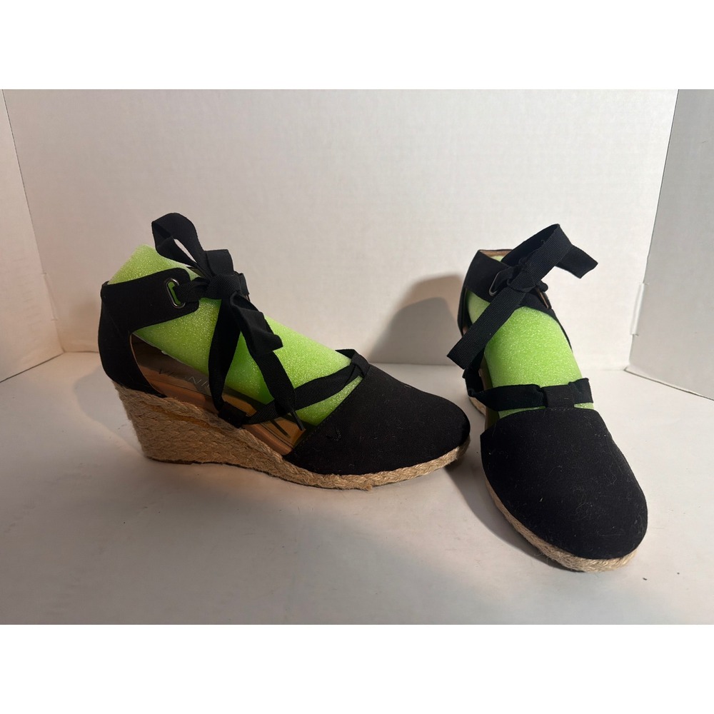 Black Canvas Espadrille Wedges Ribbon Ankle Tie Jute Wrap Heel Shoes Womens